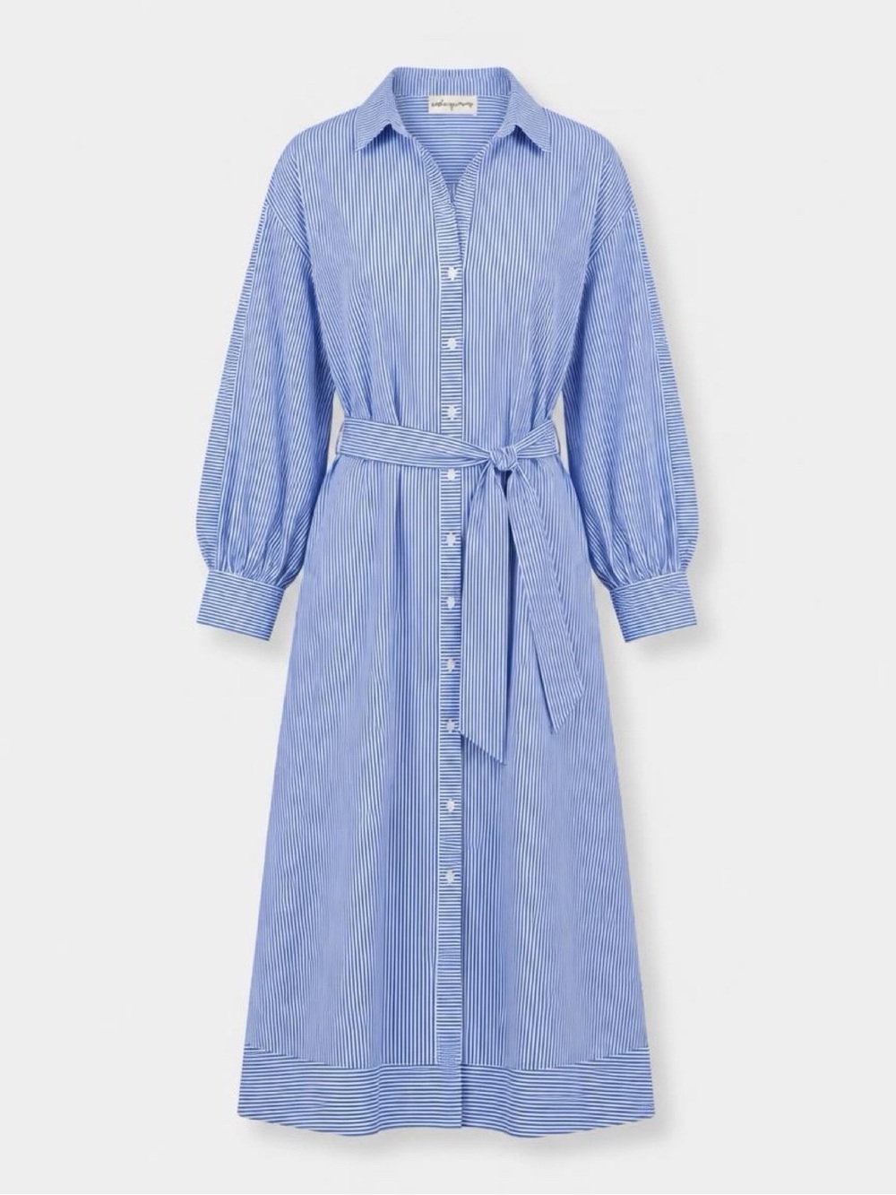 Striped Light Blue Long-Sleeve Shirt Dress with Self Tie Belt